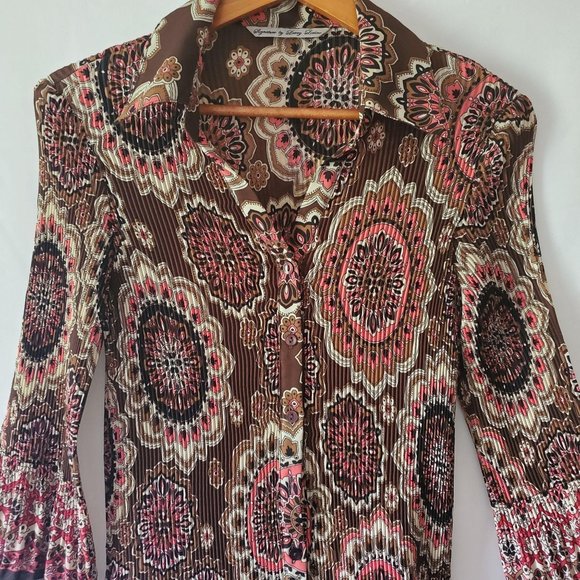 Signature By Larry Levine Crinkle Ruched 3/4 Bell Sleeve Vintage Blouse Sz Large - Picture 6 of 14